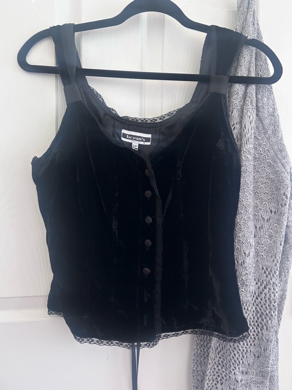 Bryan's Black Velvet Button-Front Tank with Lace Trim